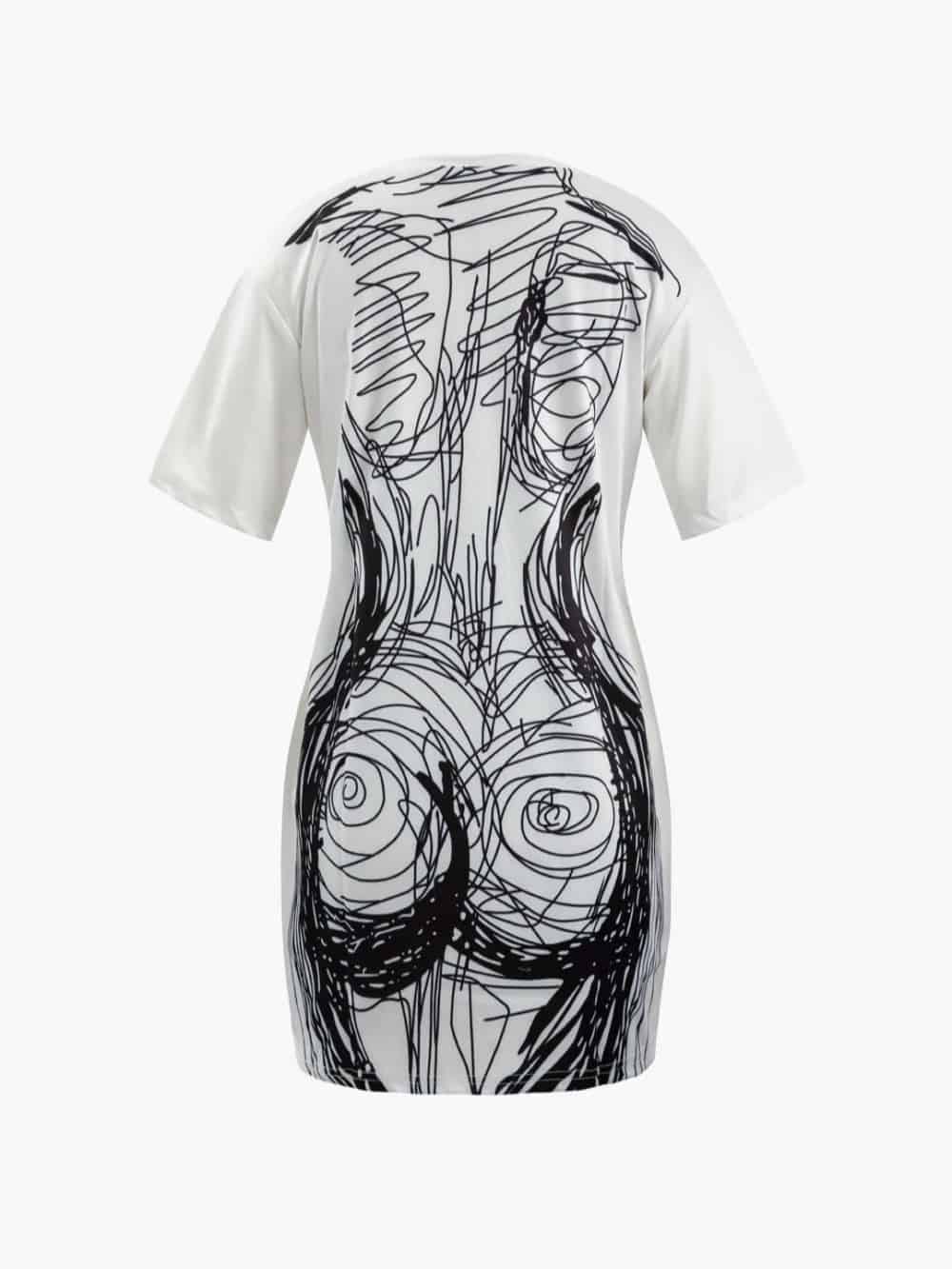Abstract Line Print Short Sleeve Mini Dress